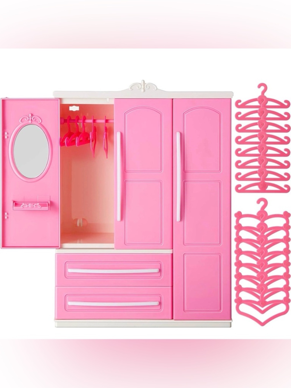 Doll Closet Wardrobe Clothing Organizer Barbie Doll Classic 20 Hangers 2 Drawers